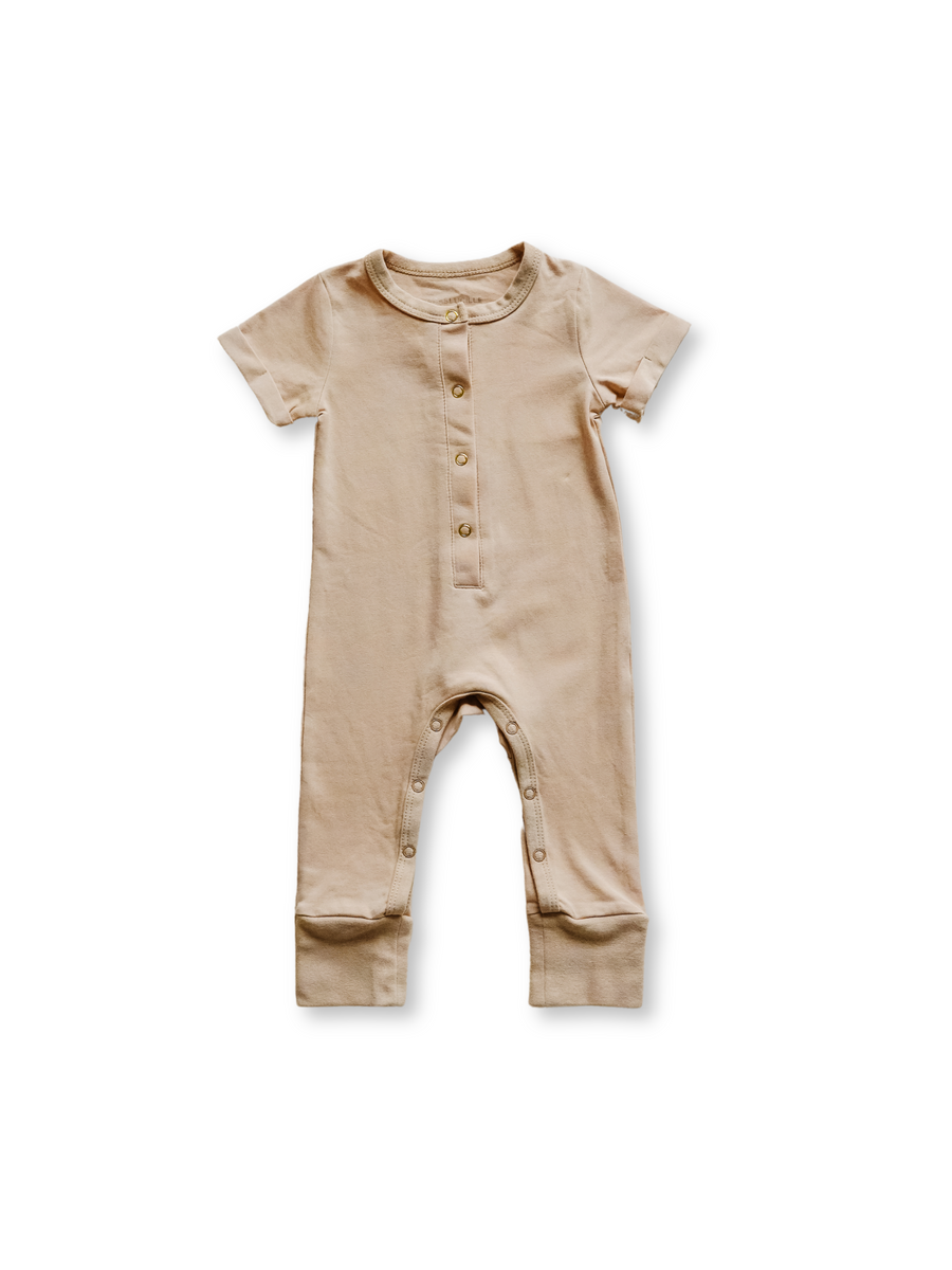 Short Sleeve Henley Romper - Khaki – Orcas Lucille