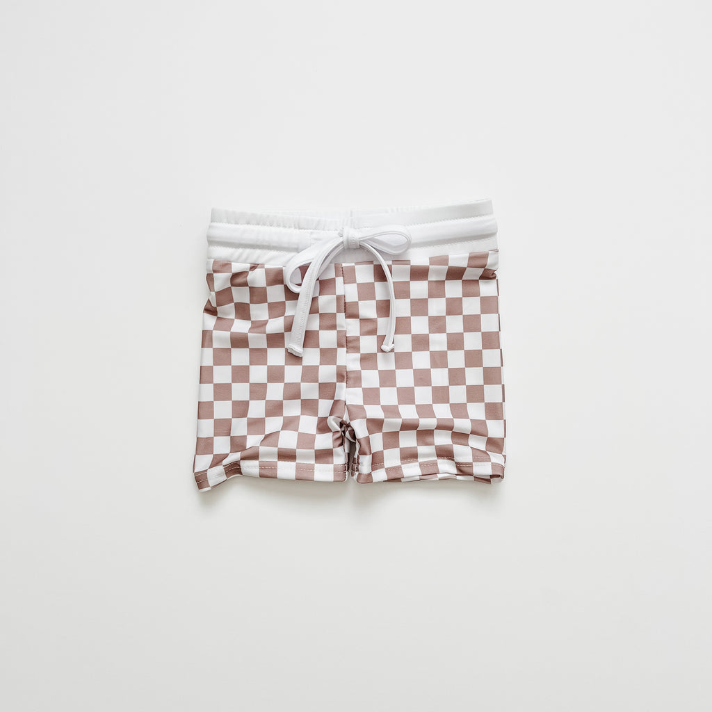 Swim Shorts - Tan Checkered - Orcas Lucille